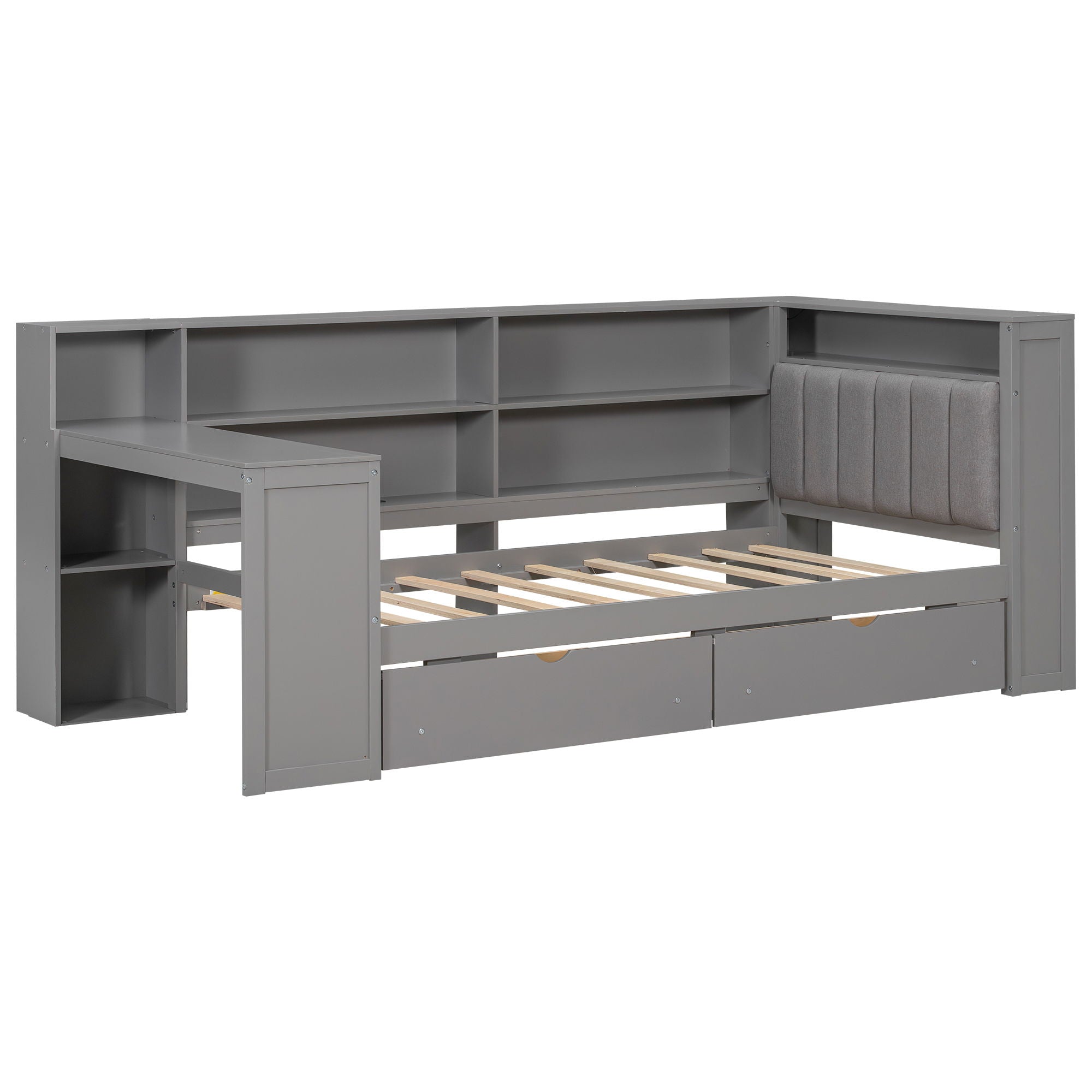 Platform Bed With Upholstered Headboard, Storage Shelves, Drawers, Charging Station, LED Lighting, Built In Desk