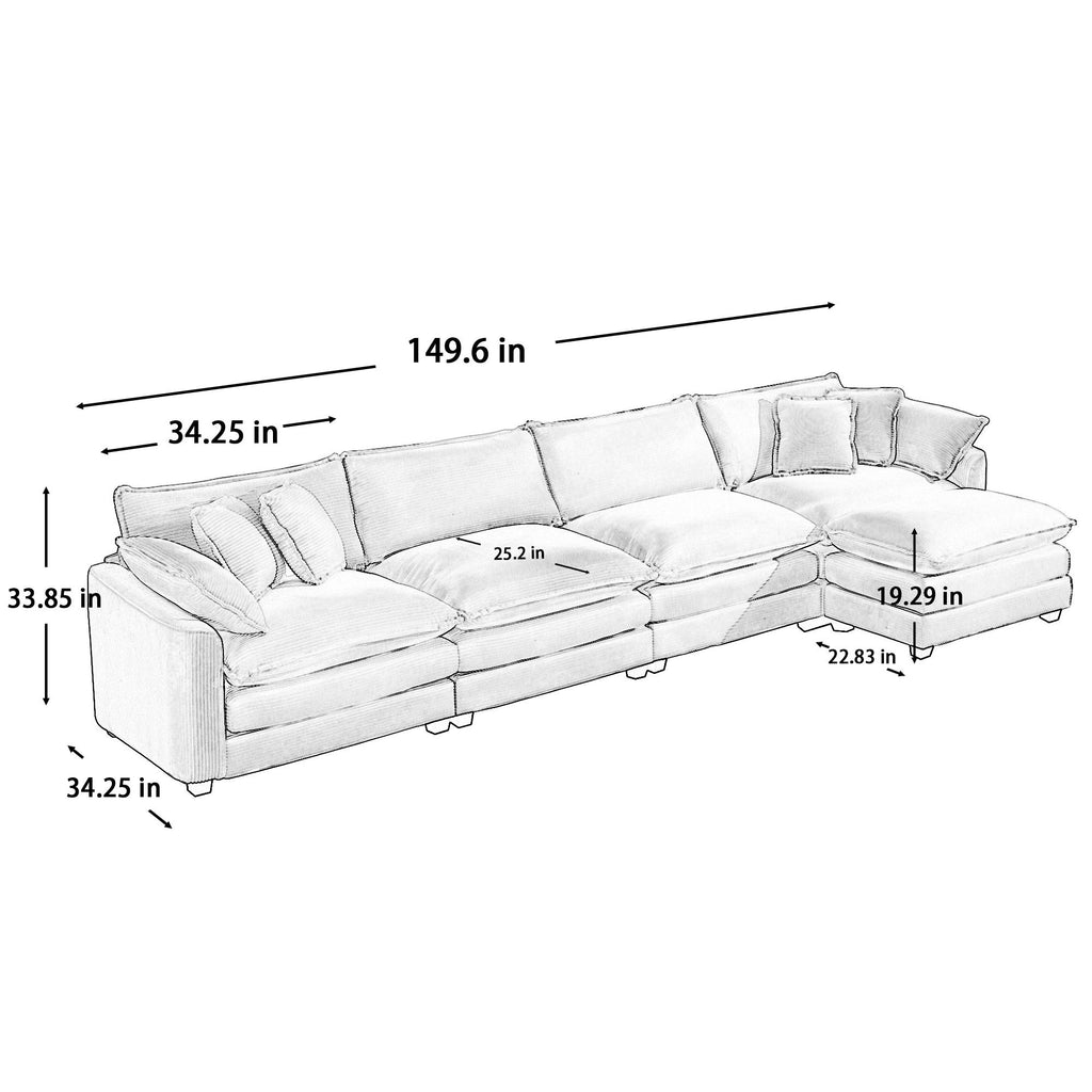 Modern Modular Cushion Sofa With Ottoman, Low Back, Deep Seating Sofa Set