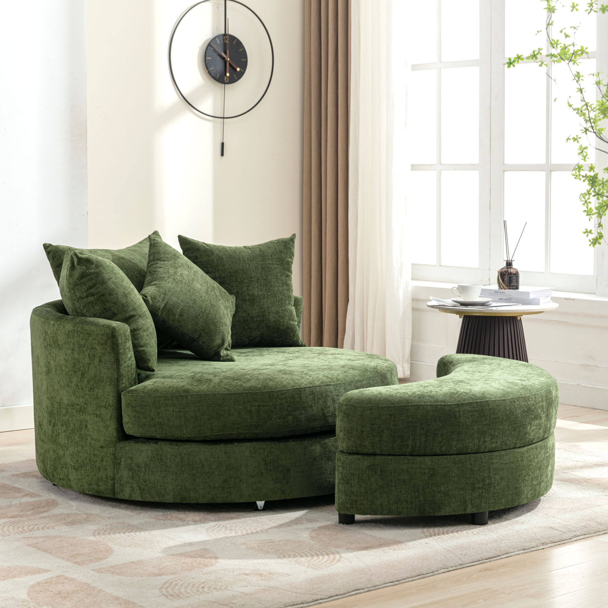 360° Swivel Accent Barrel Chair With Storage Ottoman & 4 Pillows, Modern Leisure Chair Round Accent For Living Room