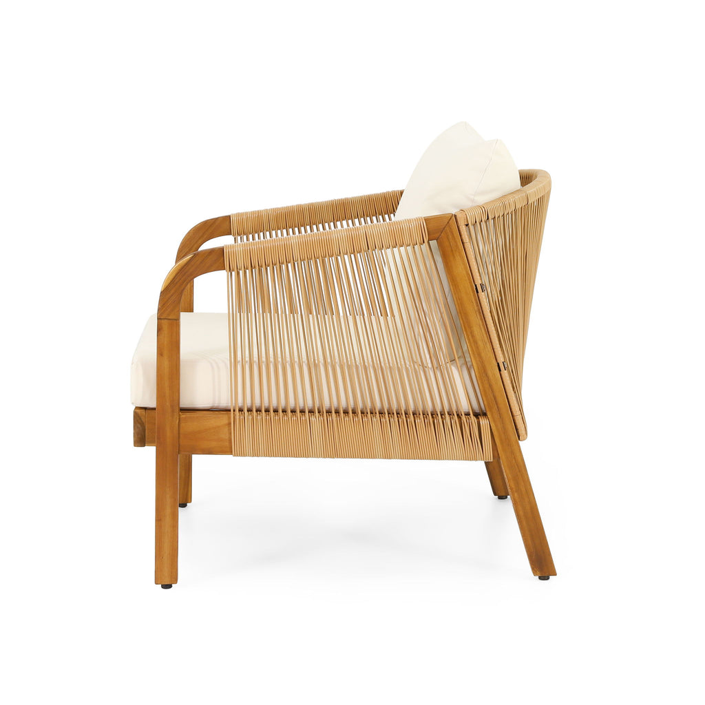 Acacia Wood And Wicker Outdoor Club Chair, Deep Seating With Soft Cushion, Porch Chairs For Garden, Backyard Porch Balcony - Brown / Beige