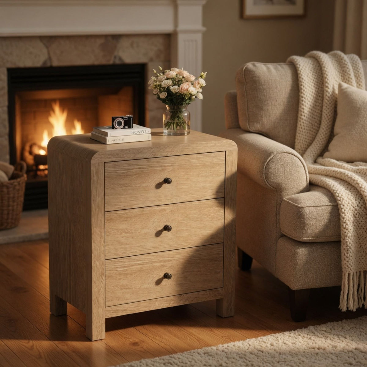 3 Drawer Chest Of Drawers With Soft Close Glides Rounded Corners Handles - Natural