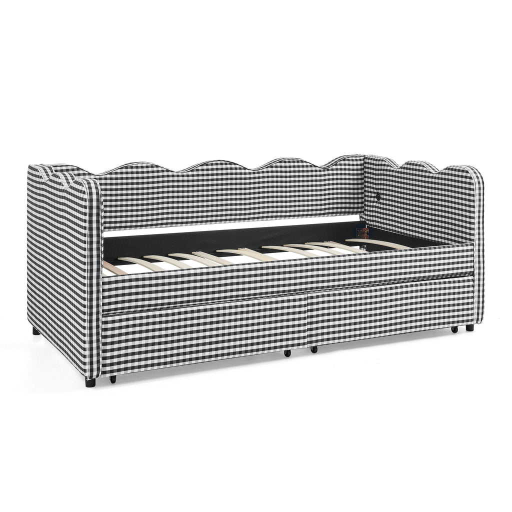 Gingham Daybed With USB Charging Port, Wave-Shaped Design