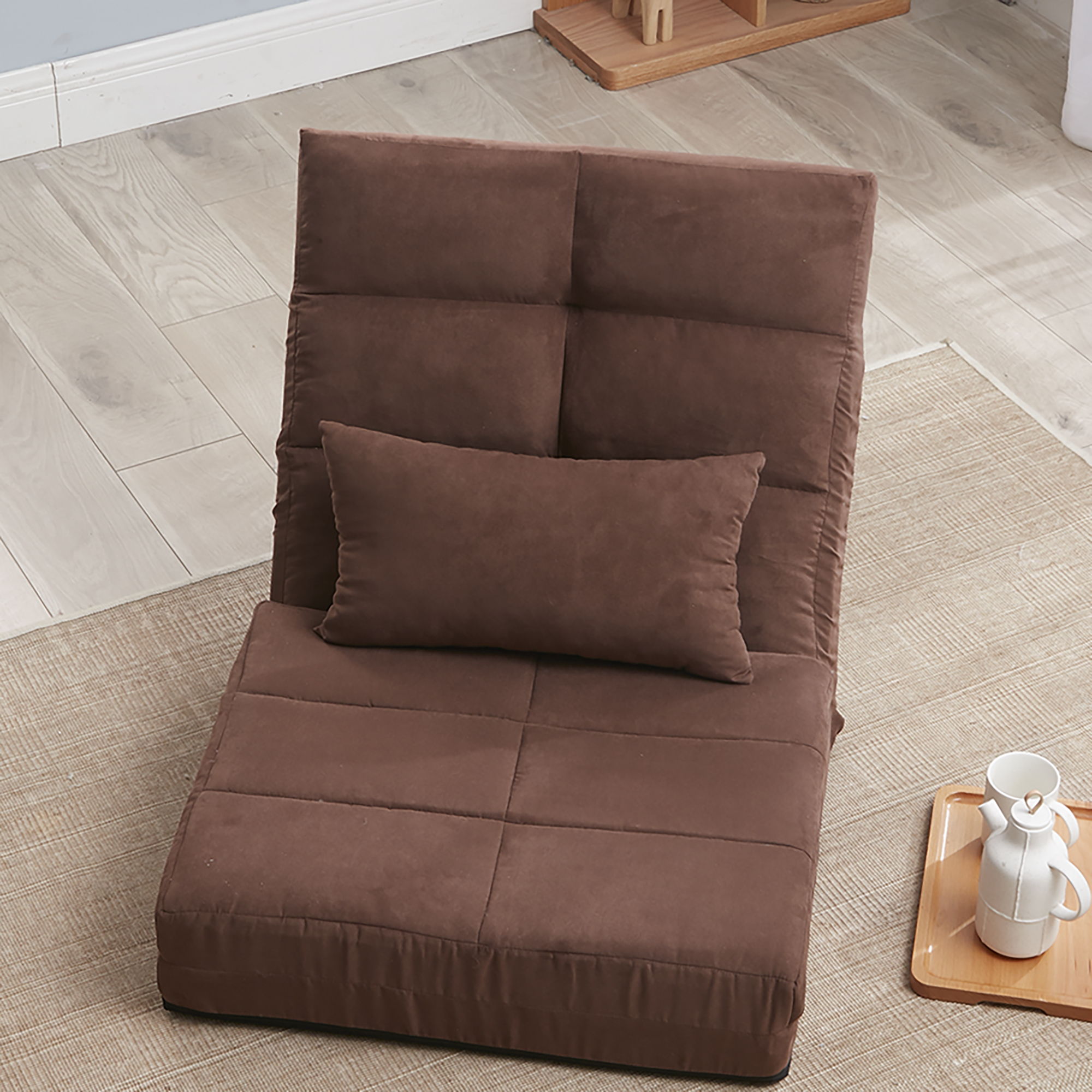 Modern Triple Fold Down Metal Frame Sofa Bed With 5 Reclining Positions And Pillow - Adjustable Upholstered Floor Couch For Gaming Or Guest Room - Brown