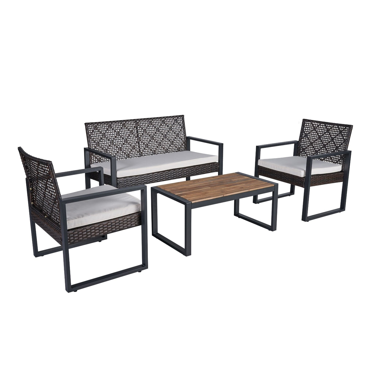 4 Piece Patio Furniture Set With Acacia Wood Table Top And Cushions
