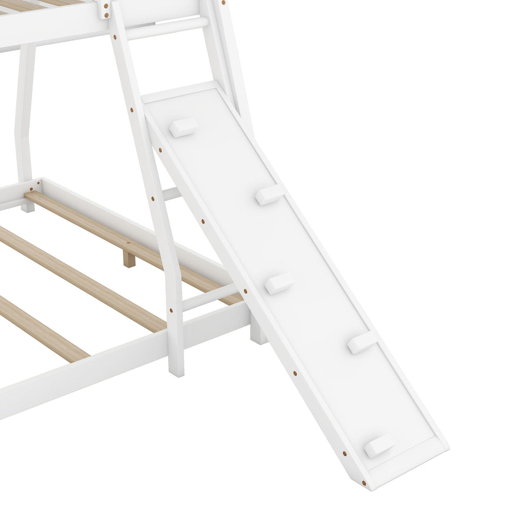 Twin Over Queen House Bunk Bed With Climbing Nets And Ramp - White