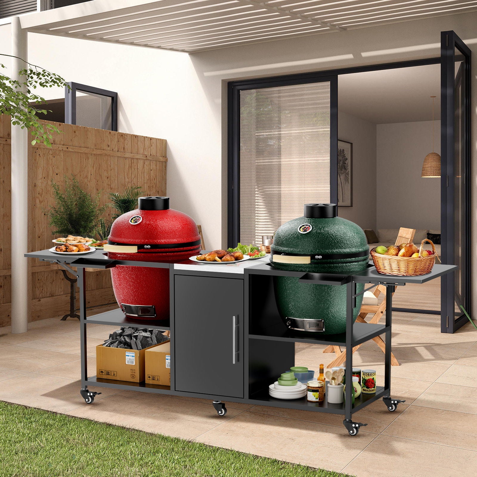 Outdoor Grill Cart For 2 Big Egg - Black / Silver