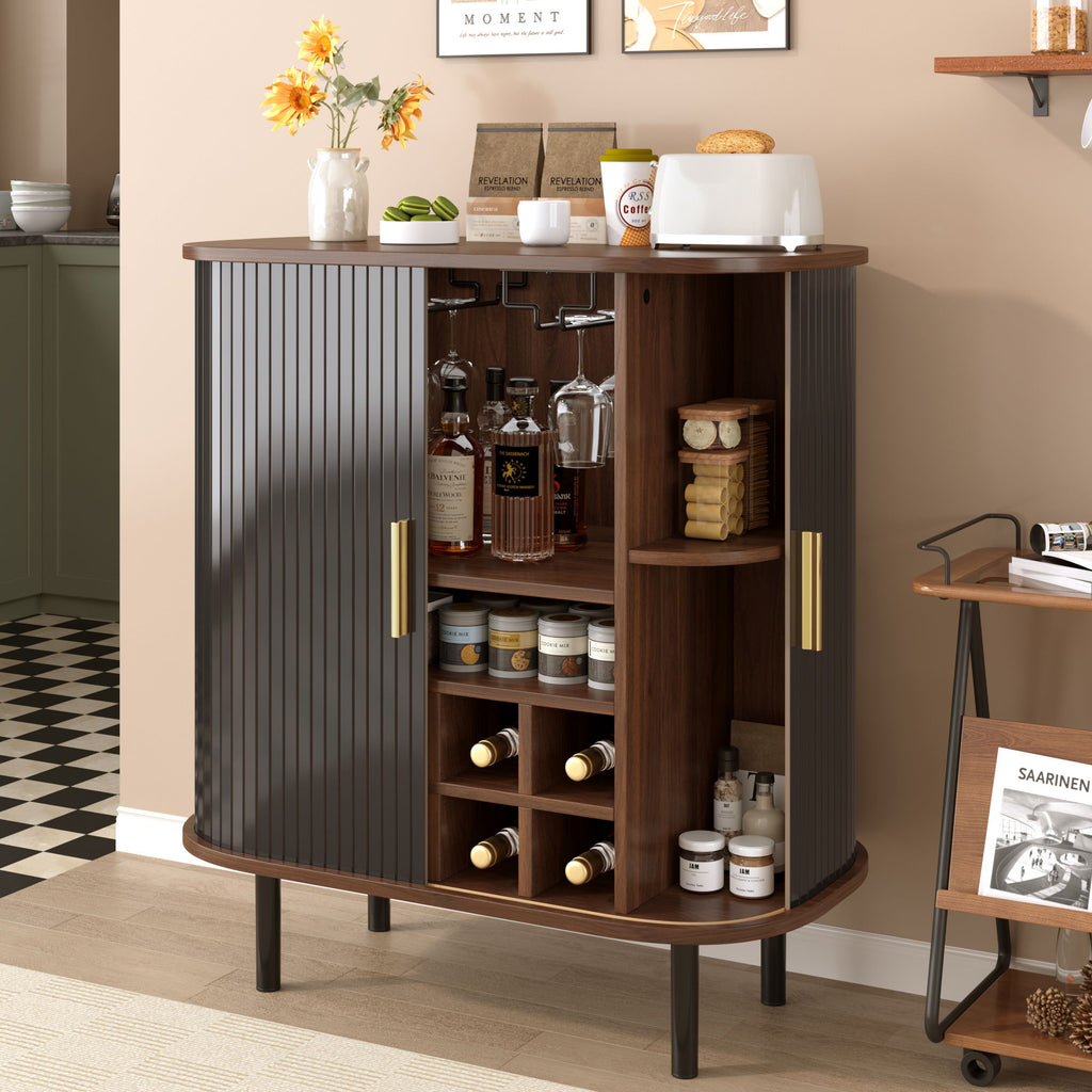 Fluted Wine Bar Cabinet With 8 Grid Wine Rack, 5 Level Adjustable Shelves, 2 Glass Holders