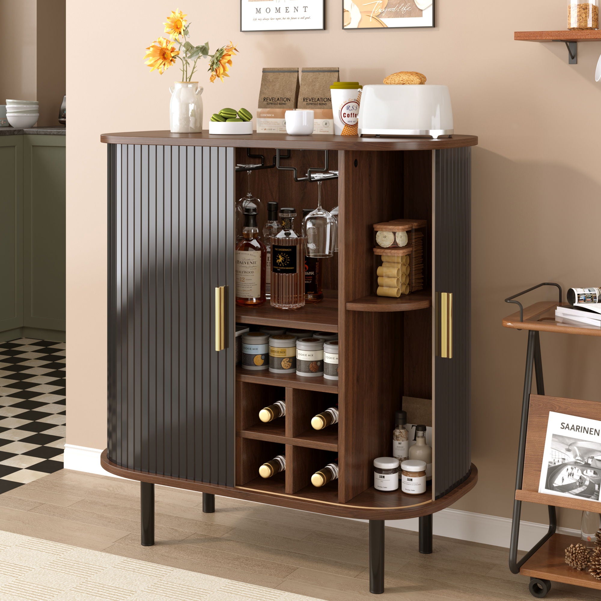 Fluted Wine Bar Cabinet With 8 Grid Wine Rack, 5 Level Adjustable Shelves, 2 Glass Holders