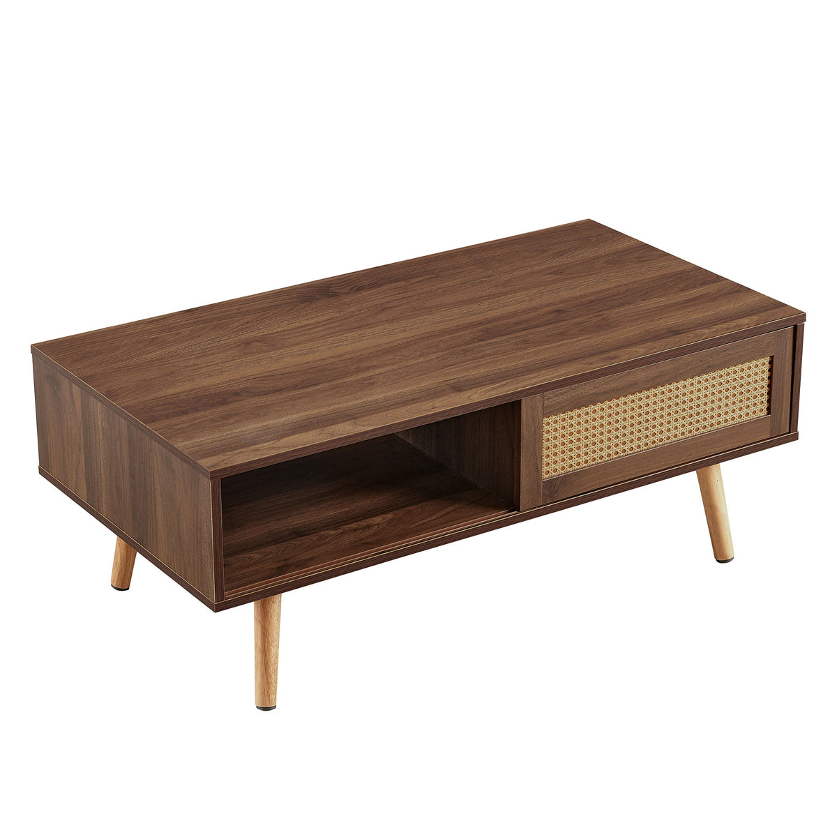 41.34" Rattan Coffee Table, Sliding Door For Storage, Solid Wood Legs, Modern Table For Living Room